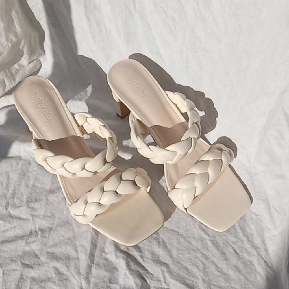 Piepiebuy Women's Square Toe Braided Heel Sandals Two Strap Size 9.5 Cream